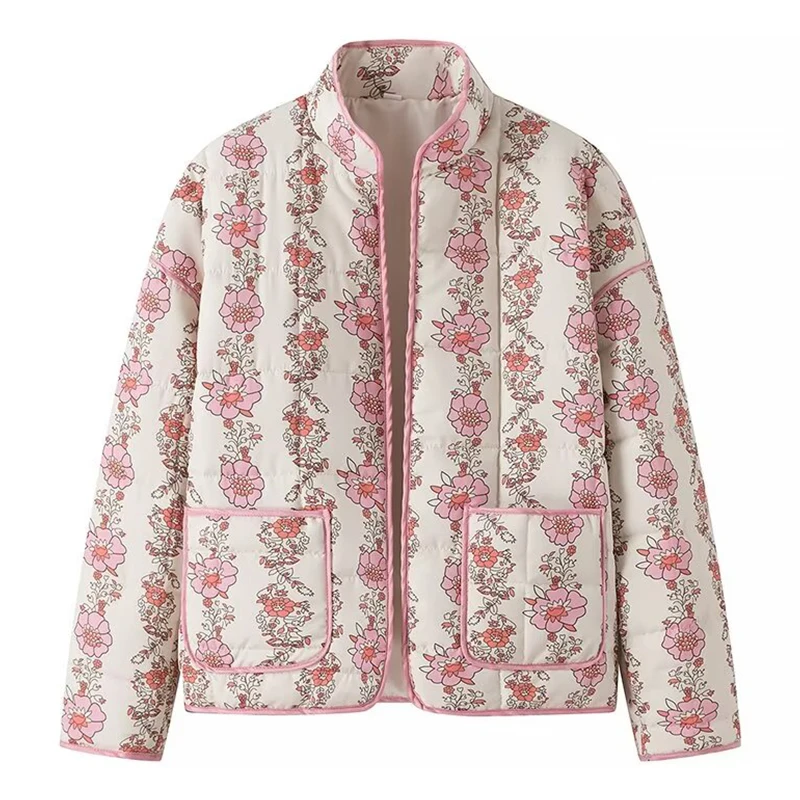 Ropa acolchada de algodón con estampado de flores Vintage, abrigo con bolsillo frontal abierto, chaqueta cálida informal de invierno a la moda para mujer, ropa informal suelta