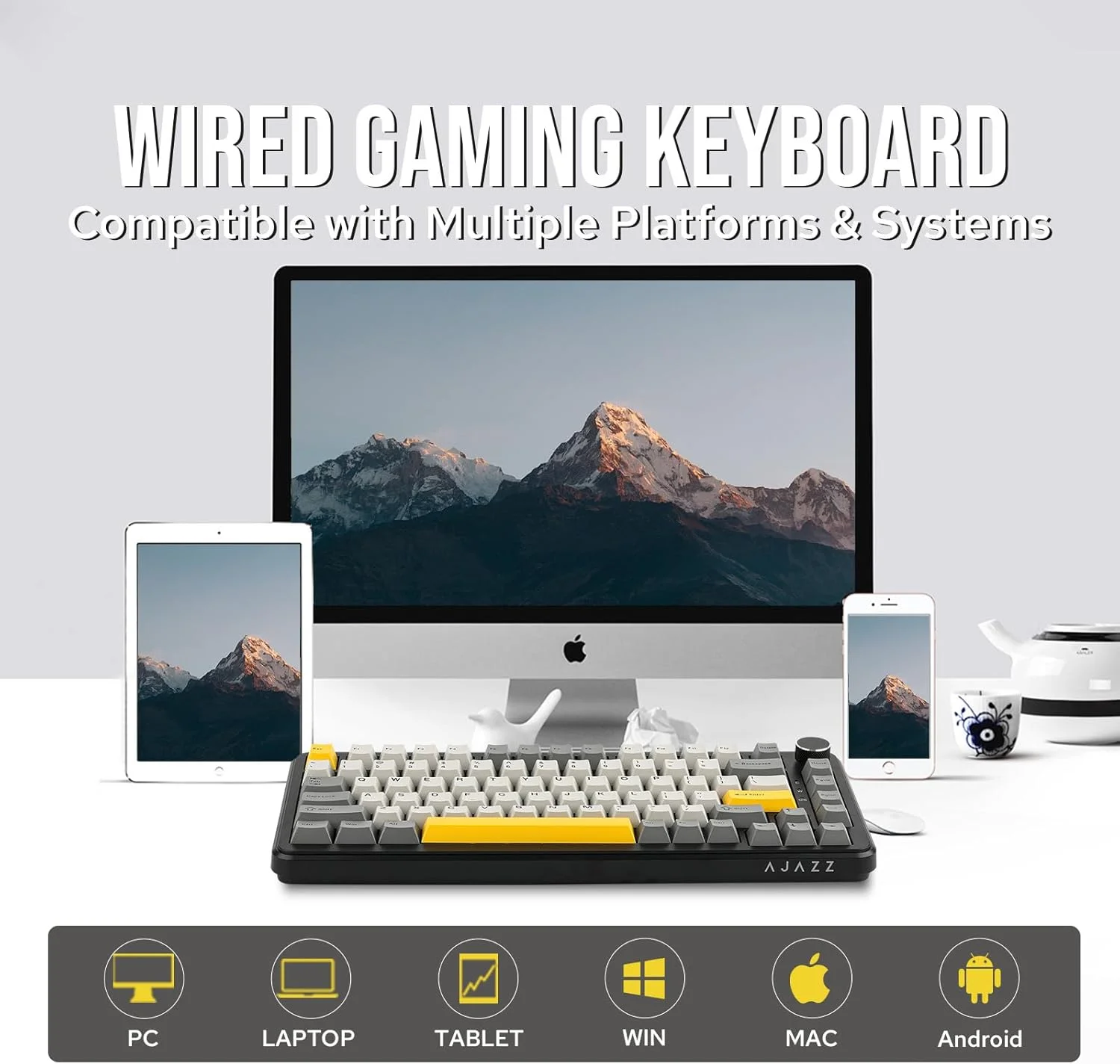 لوحة مفاتيح الألعاب المغناطيسية AJAZZ AK820 MAX HE Hall Effect، تشغيل قابل للتعديل، معدل حمل 8 كيلو هرتز، حشية، لوحة مفاتيح سلكية