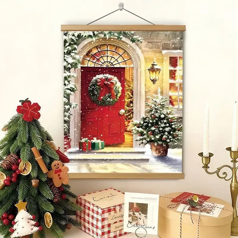 VIKAMA Wall Tapestry Snowy European Red Door Wreath Christmas Tree Gifts Candle Winter Holiday Wall Hanging Home Decor Bedroom