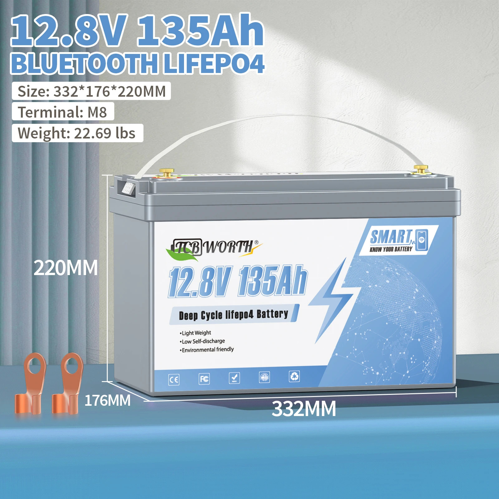 12V 135Ah LiFePO4 Lithium Battery Deep Cycles Rechargeable Iron Phosphate Battery Built-in BMS,for RV,Solar System,Backup Power