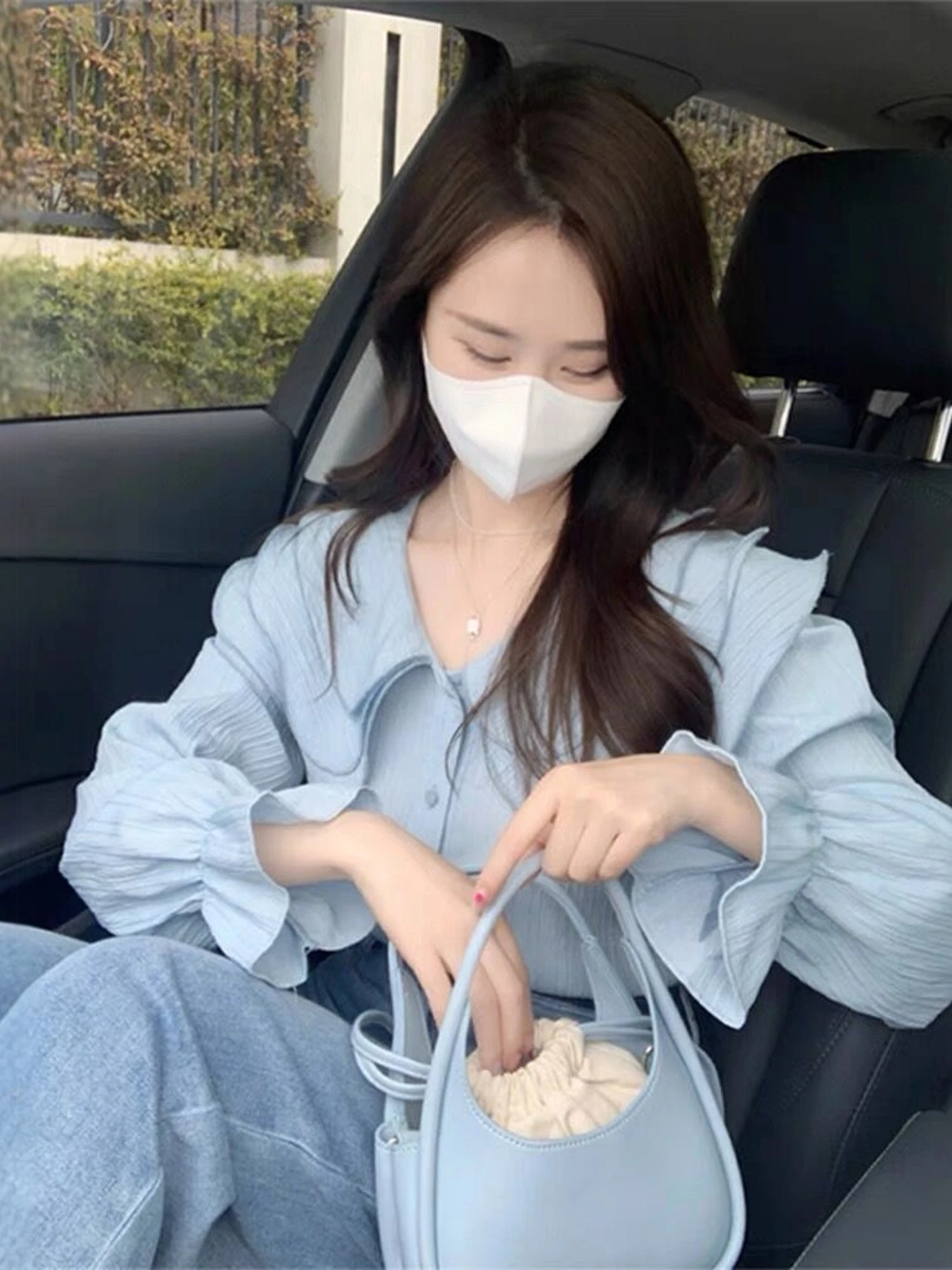Elegant Blue Chiffon Long Sleeve Shirt Female Fashion Doll Collar Spring Summer Casual Wear French Style Loose Fit Button Detail