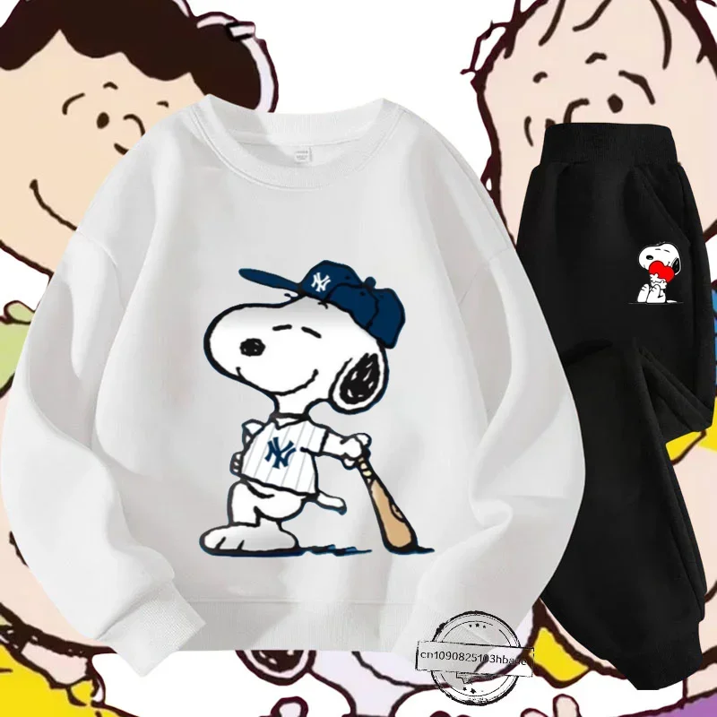 Snoopy Harajuku children's crewneck hoodie set Boys and girls cartoon anime printed autumn and winter long-sleeved sweatshirt