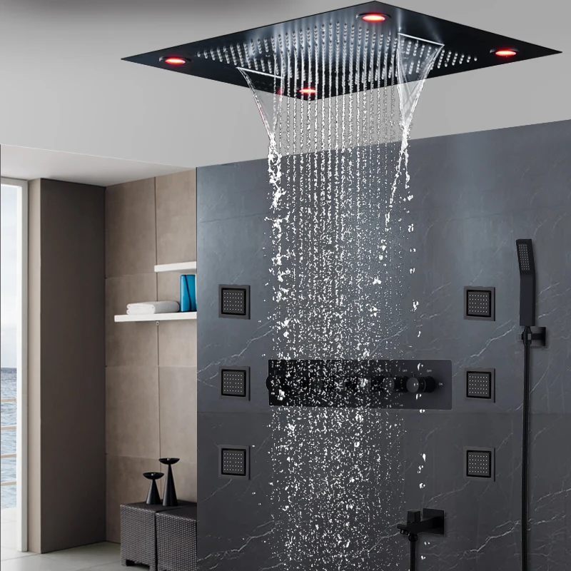 Ceilinig-modern Conjunto Chuveiro Termostático Led Chuveiro Duplo Rainfall Massagem Cachoeira Showerhead Misty Funções 600×800 mm
