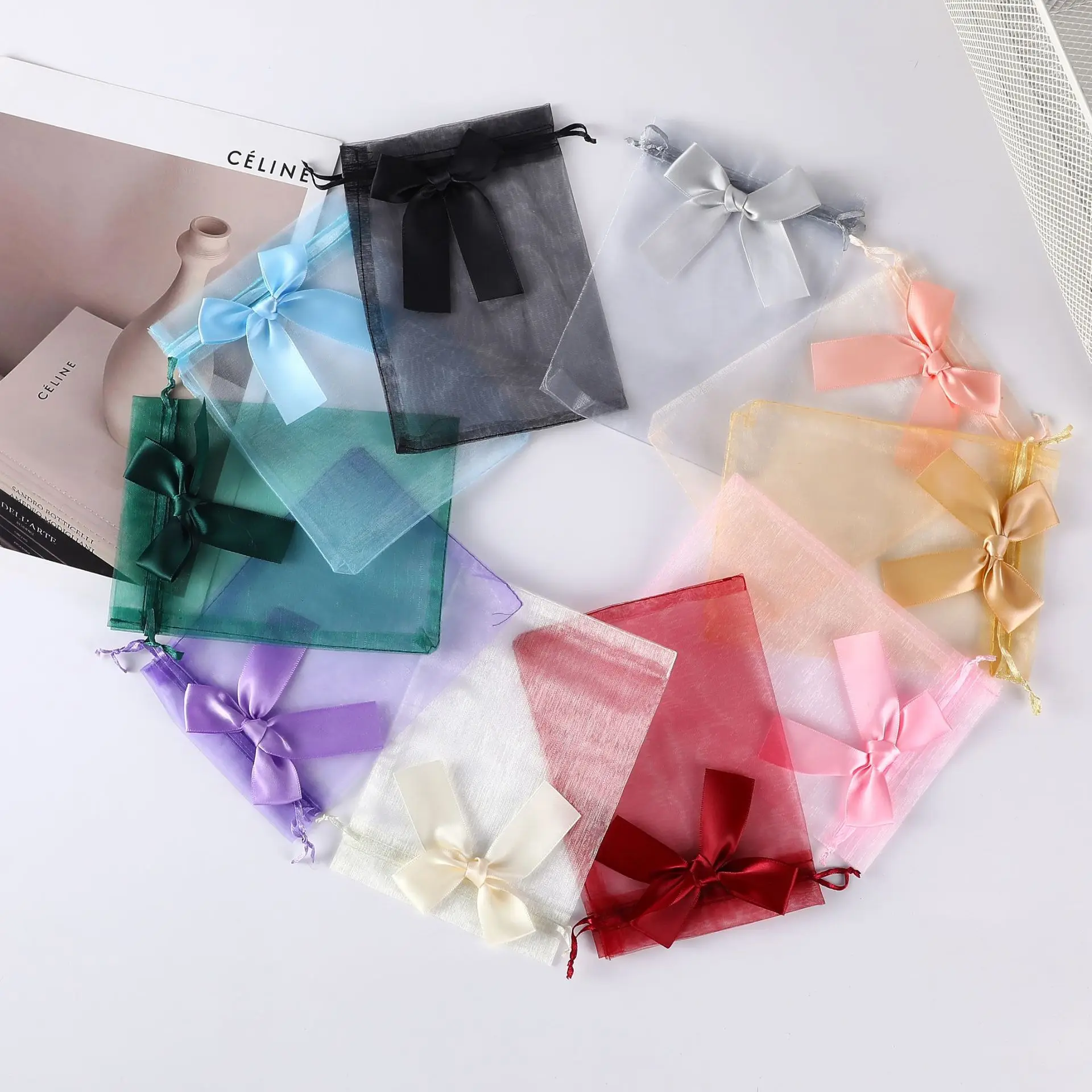 100 unidades, 4 tamaños, 11 colores, bolsa de organza de nailon transparente con lazo, bolsa de regalo, bolsa de embalaje para joyería, bolsa de malla para fiestas