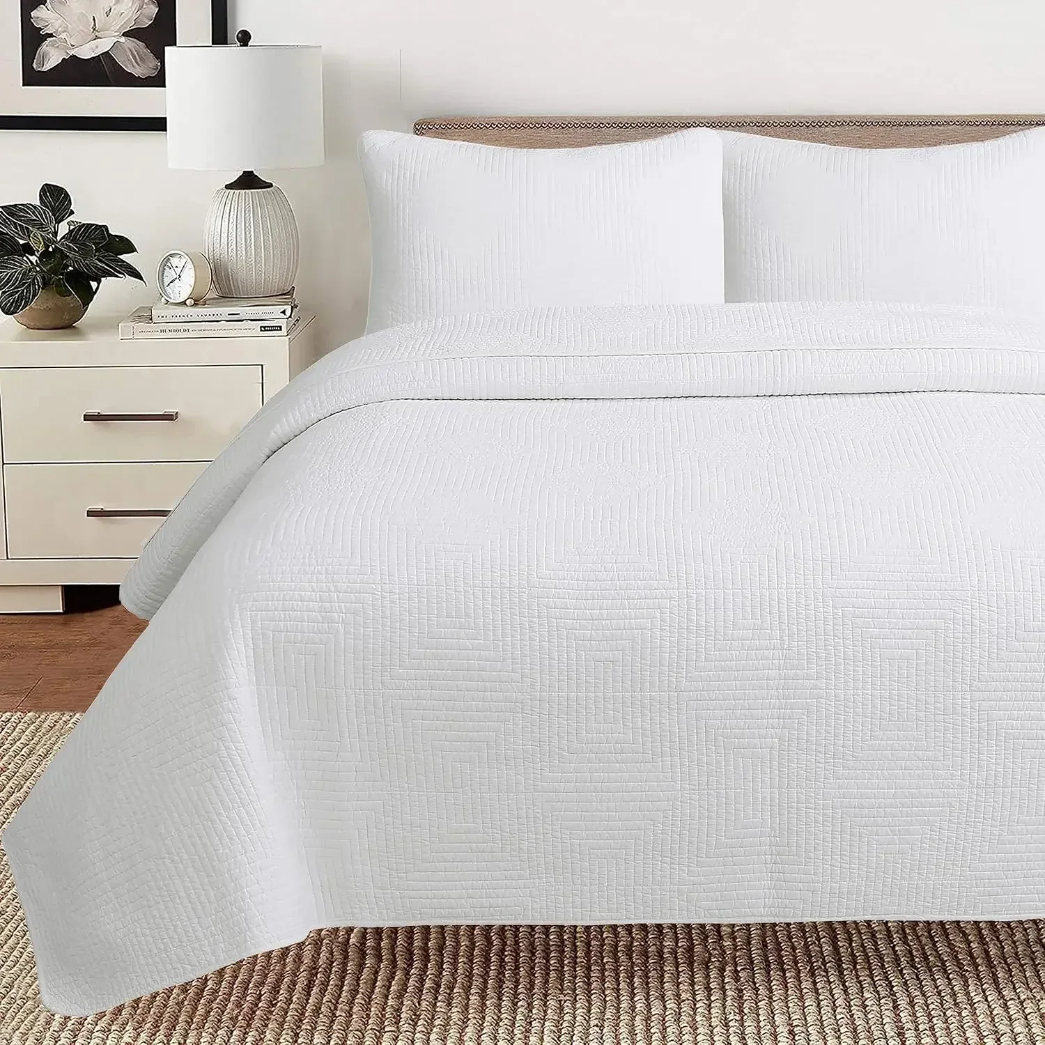 100% Cotton Square Check Stitch Solid White Quilt Bedding Set, Bedspread Coverlet Lightweight for All Seasons (Maze - White, Kin