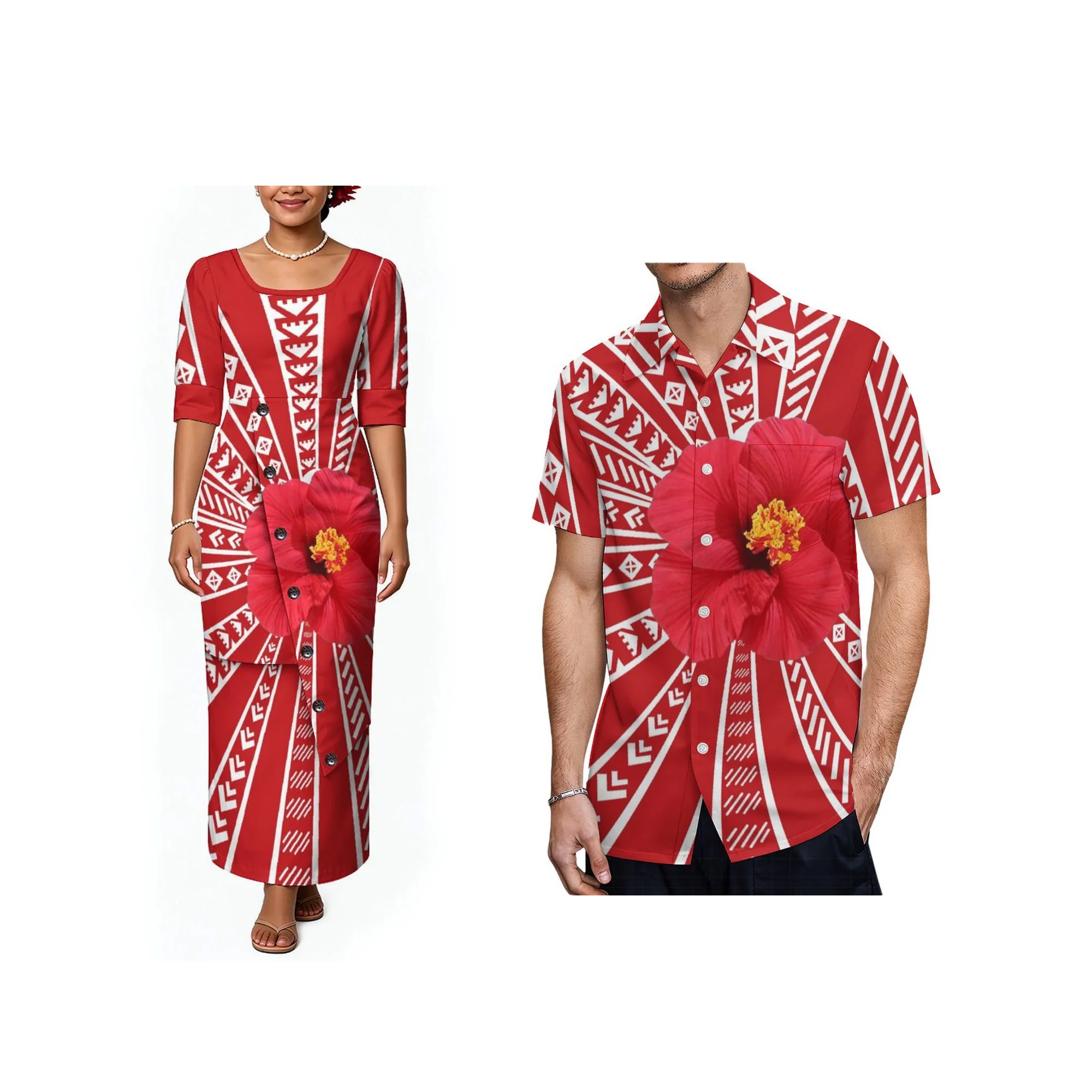Couple Set Puletasi Print Custom Women Button Maxi Dress Men Short Sleeve Shirt Matching Outfit Summer Beach