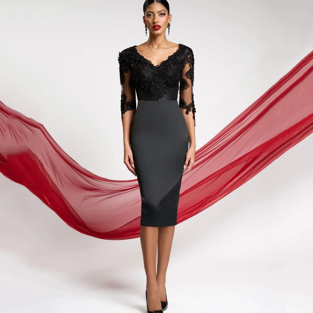 

Lace Formal Customized Mother Dresses Sheath Elegant Wedding Party Dress V Neck Knee Length Occasion Gowns robes invitée mariage
