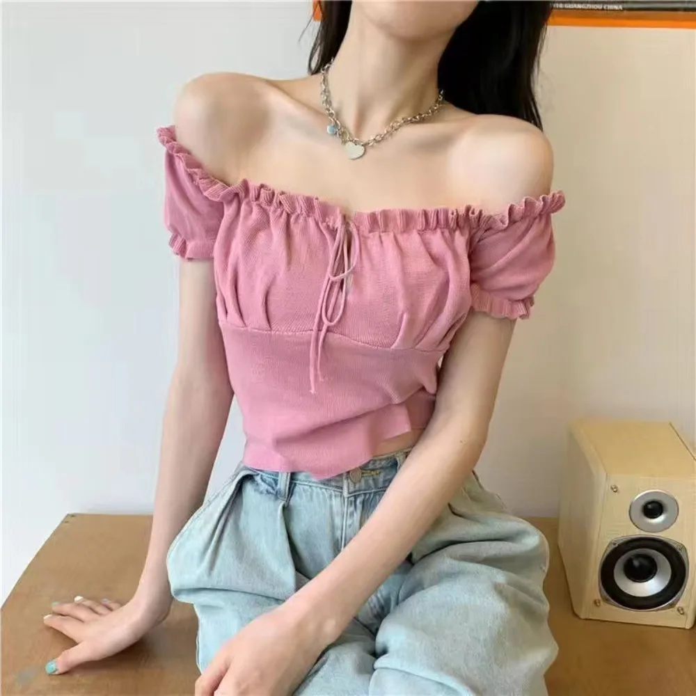 Summer Fashion Y2K T-shirt Woman Sleeveless Shoulder Off Sexy Clothes Crop Top Women Pleated Bandage Tee Shirt Femme