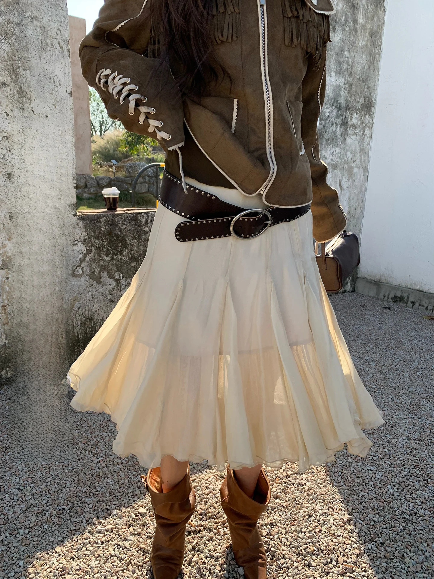 

Elegant A-Line Midi Skirt Women's Early Spring New Style Large Hem Blend Design Sense Silk-Like Fabric Casual Wear