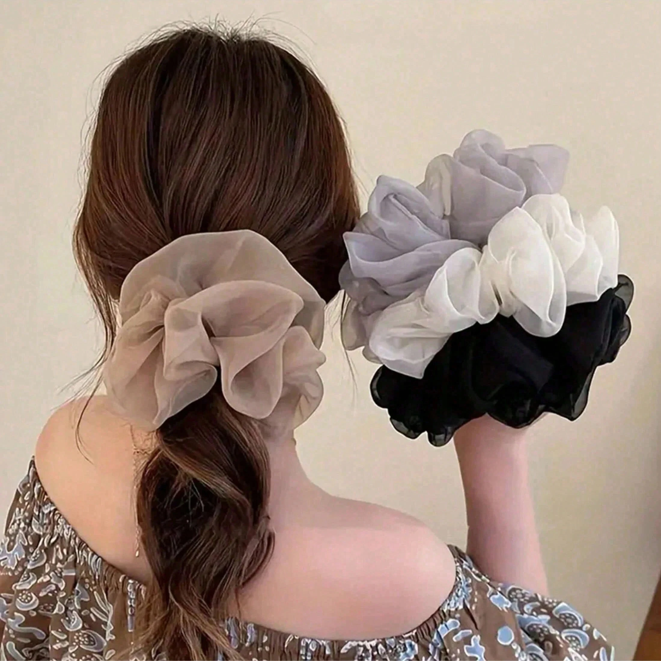 

1/5Pcs French Style Puff Chiffon Scrunchies Elastic Hair Ties Elegant Ponytail Holder Hair Bun Decoration