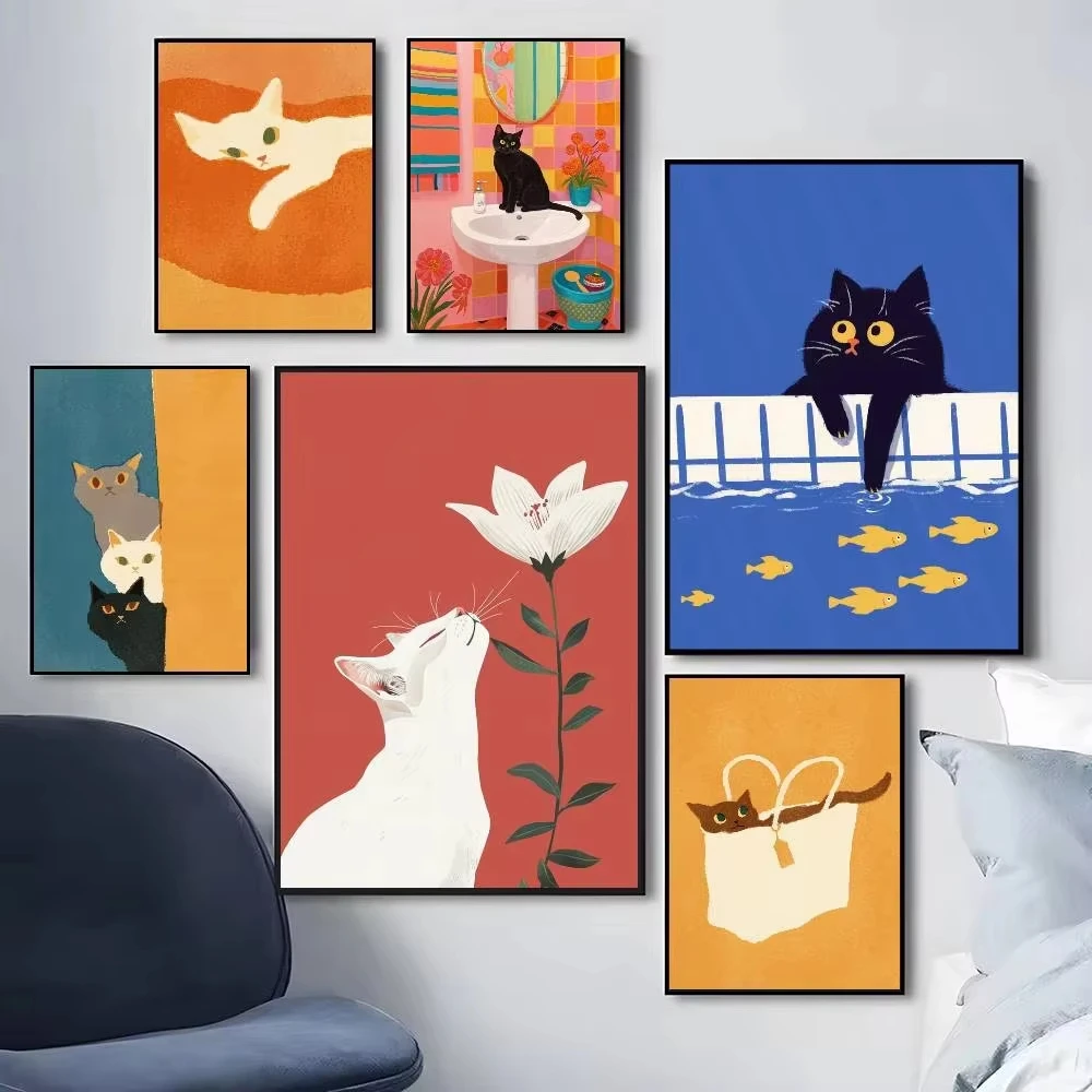 Buntes, süßes Katzenmotiv im Raum, Leinwand-Poster, wasserfest, für Café, Bar, modische Raumdekoration, Wandkunst, Poster ohne Rahmen