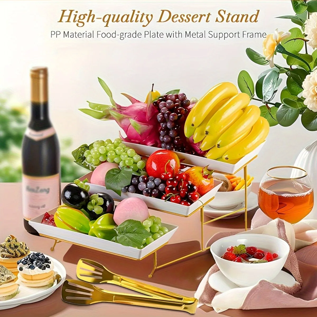 White Tiered Serving Stand + Tong, 3 Plastic Tray with Metal Stand for Cupcakes, Donuts, Fruits - Tiered Tray Stand for Tea Party, Party Food Display, Wedding Scene view 7