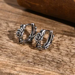 Retro Rose Hoop Earrings for Men, Waterproof Stainless Steel Stylish Flower Huggies Ear Jewelry, Gifts for Him