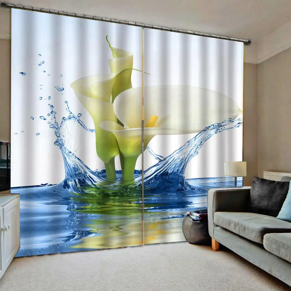 Blue water white lily flower curtains D Curtain Luxury Blackout Window Curtain Living Room stereoscopic curtains