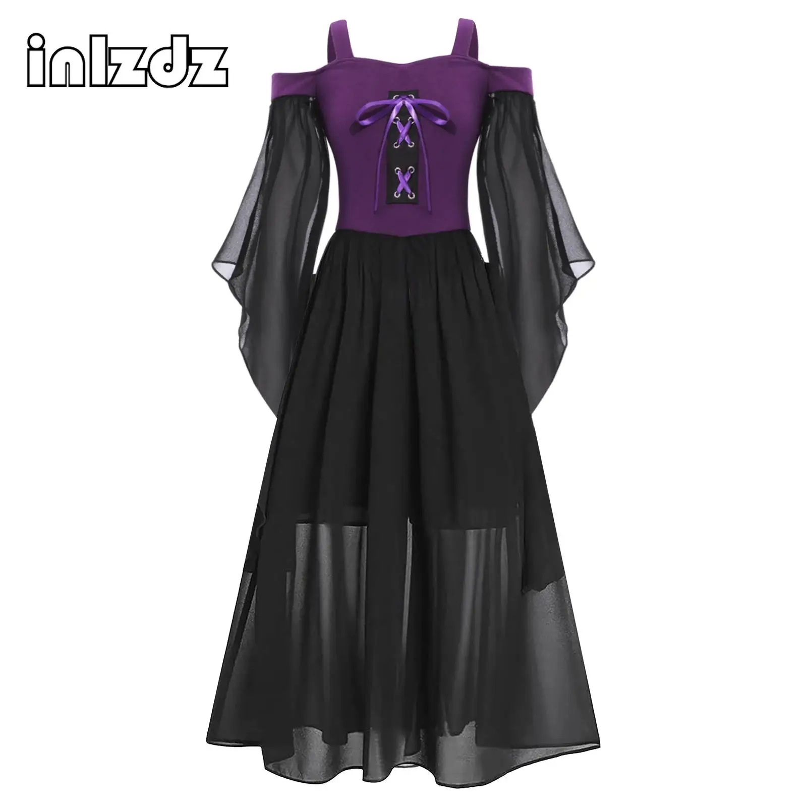 Bambini ragazze costumi rinascimentali medievali manica lunga svasata spalla fredda abito vittoriano con lacci abito Halloween Fancy Clothes