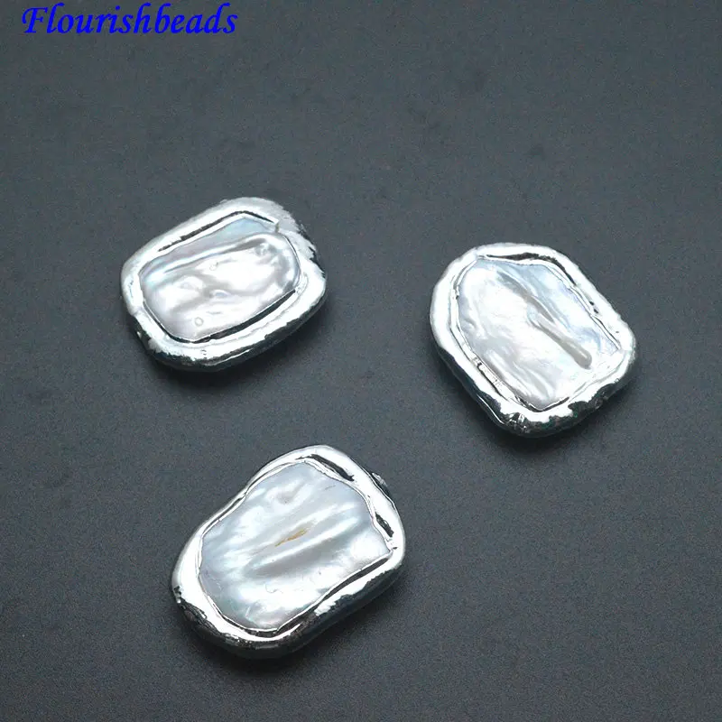5pc Popular Silver Color Plated Rectangle Shape Natural White Pearl Beads for Necklace Earrings Making