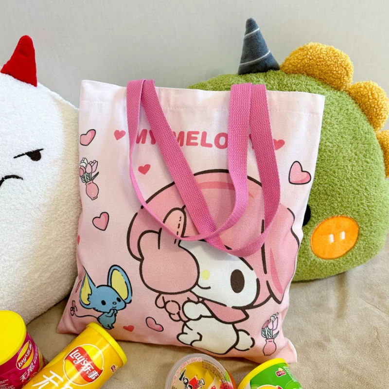 Kawaii Sanrio Canvas Bag Kuromi Hello kitty Cinnamoroll Women\'s Shoulder Bags Casual Large Capacity Shopping Bag