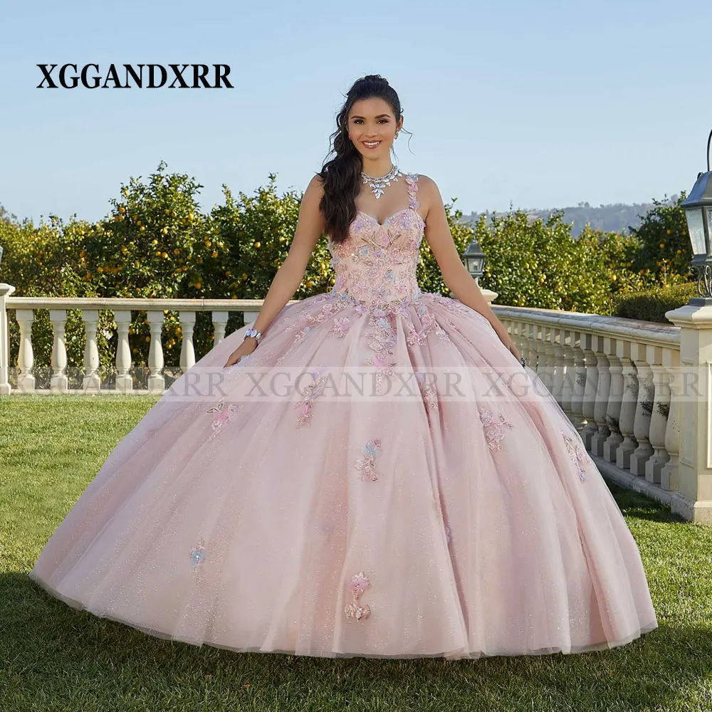 Charmante rosa Quinceañera Kleid kontrastierende drei dimensionale Blumen bestickte Ballkleid süße 16 Kleid 15 Geburtstags feier