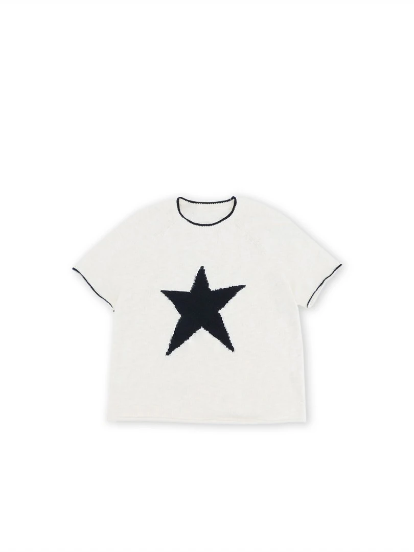 plus Size Knitted Short Sleeve Top with Star Embroidery Fashionable Color Block Design Casual Style Women's Summer Shirt