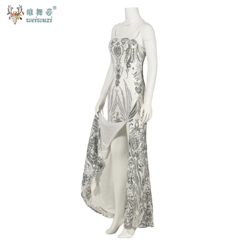

New Sexy Slim Shoulder Strap High Slit Evening Dress Exquisite Sequin Bead Embroidery Craft Cocktail Party Evening Dress