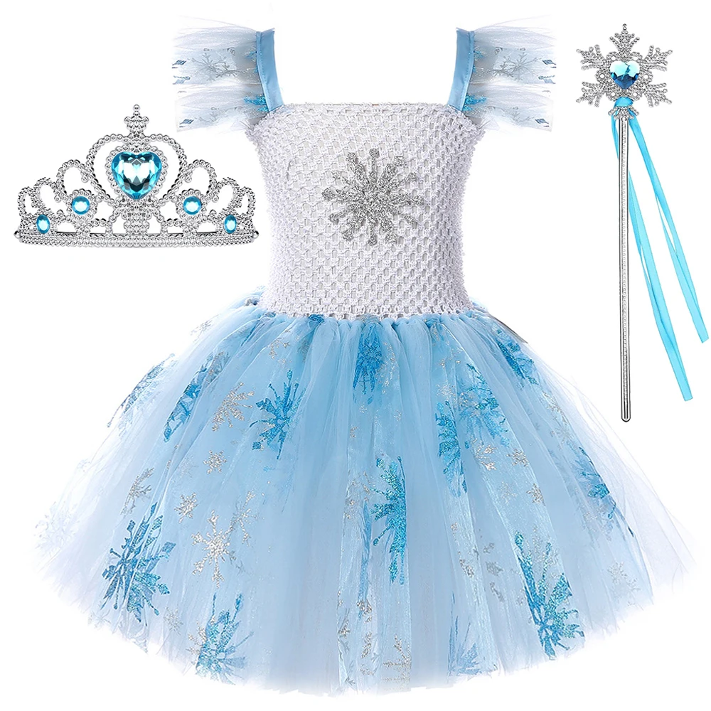 Sparkly Elsa Princess Dresses for Girls Birthday Christmas Costumes for Kids Twinkle Snowflakes Snow Queen Outfits Fancy Clothes