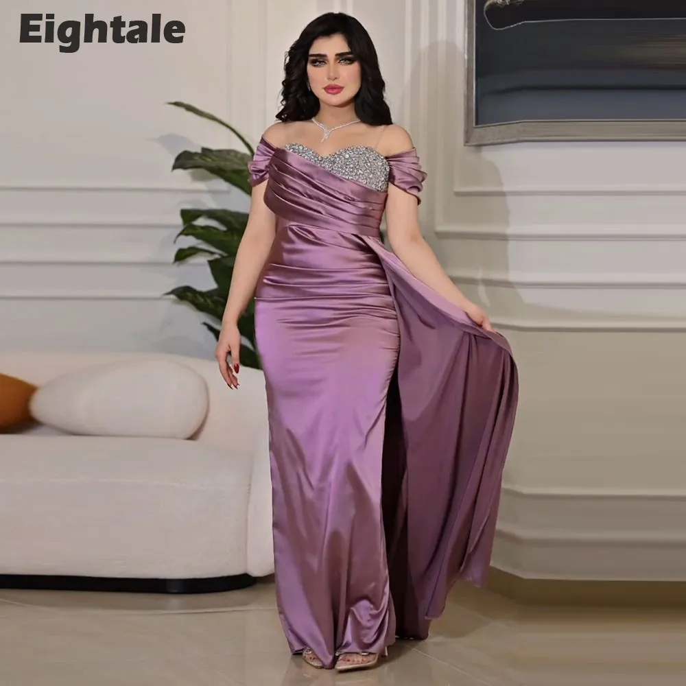 Eightale Arabic Evening dresses Beaded Off the Shoulder Floor Length Satin Purple Mermaid Prom Party Gown Robe De Soirée