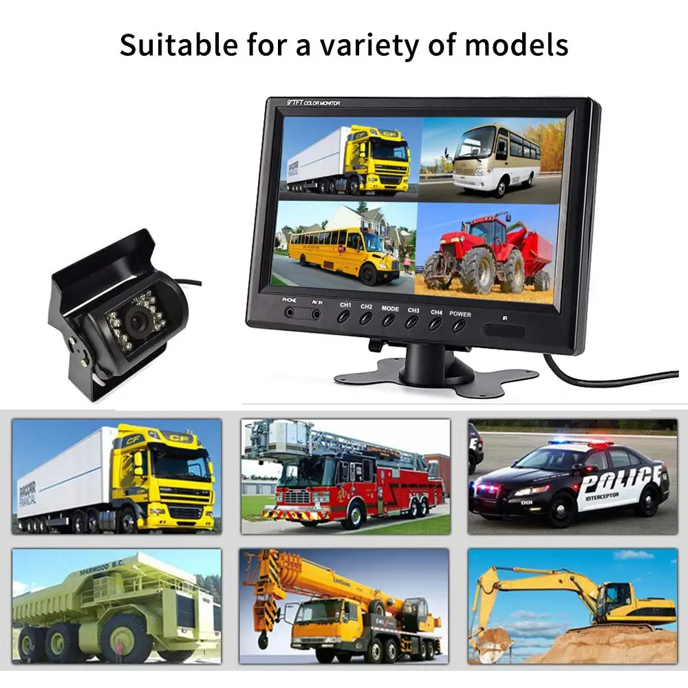 9 Inch Quad Split Waterproof Backup Reverse Camera System Night Vision for 12V 24V Trucks Buses RVs Heavy Vehicles