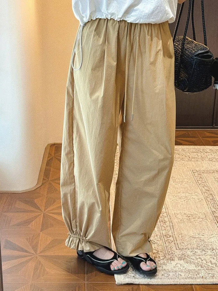 

Рабочие повседневные брюки MGDM в стиле ретро, ​​женские легкие тонкие брюки из хлопка высокой плотности с рюшами и эластичной резинкой на талии, удобные летние брюки