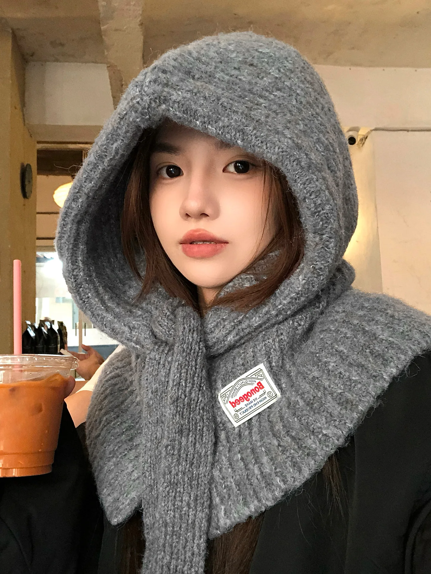 Fashionable Wool Blend Knitted Winter Hat Scarf  Women's Warm Cozy Cable Knit Cap with Scarf Integrated Design