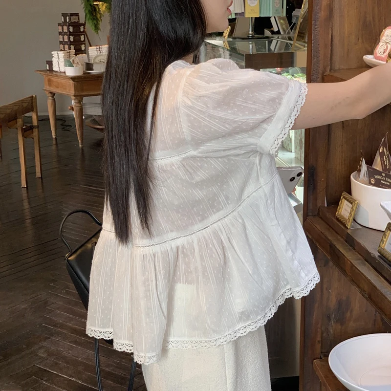 

White ort Sve irt Women's Summer New Design Sweet Personali Doll Top ort Sle round Ne Bubble Sve Pure Color