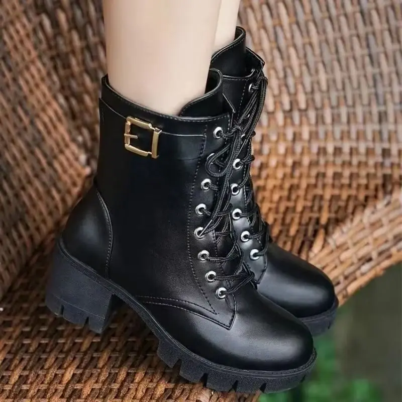 Women's Mid-calf Boots Winter Wool Lined Warm Cotton Boot Quality Leather Boots Women's Snow Boots Thick Heeled Platform Booties