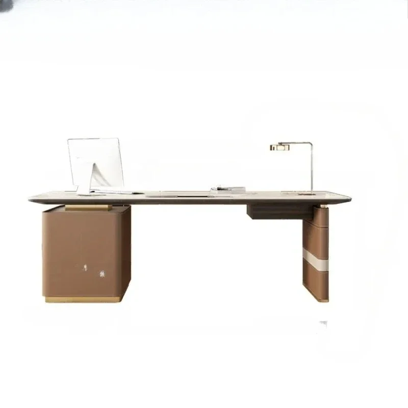 B Light Luxury Stone Plate Saddle Leather Desk  Living Room Large Long Solid Wood Office Table Modern Home