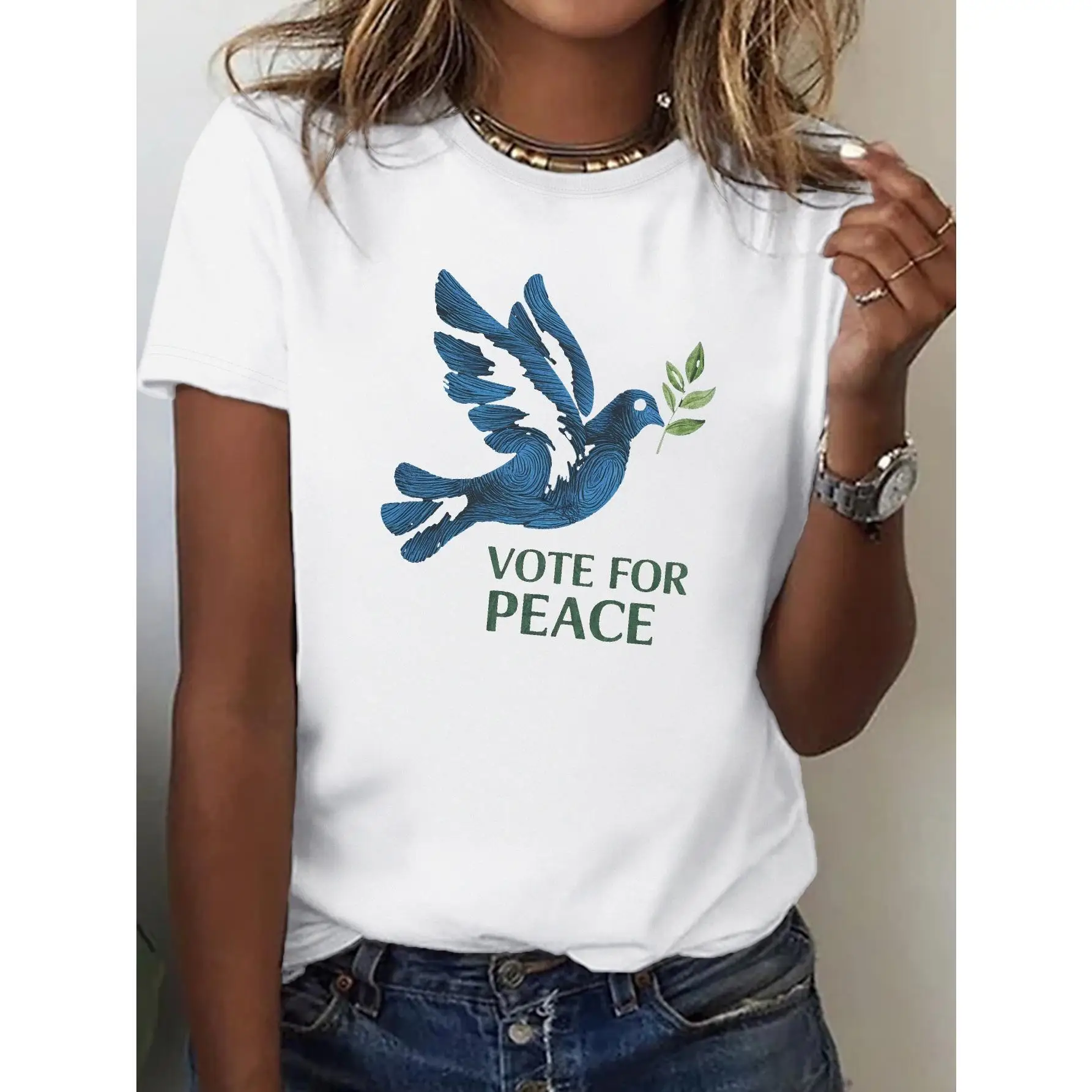 

Women's Pure Cotton T-Shirt with Blue Dove & Olive Branch Peace Symbol - Comfort Fit Casual Round Neck Top, Machine Washab