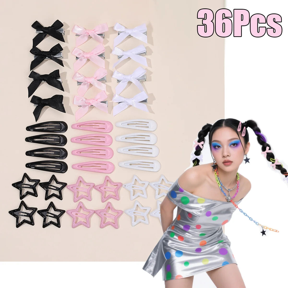 36Pcs Y2K Hair Accessories Set For Women Girls Colorful Silk Ribbons Bows Hair Clips Sweet Star BB Barrette Fashionable Headwear