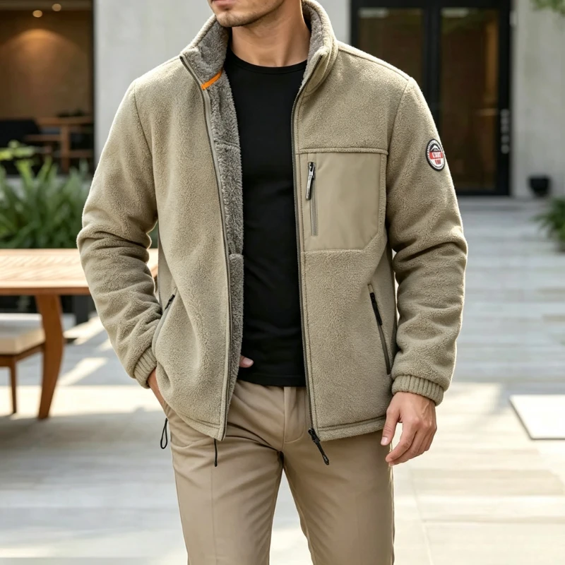 Outdoor Men's Warm Lambswool Jackets Stand Collar Sports Coats Thick Fleece Cardigan Sweatshirt Windbreaker Fleece Hiking Jacket
