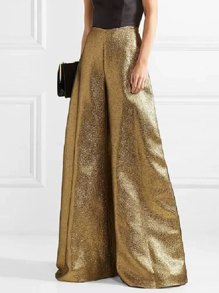 Uoozee 2025 New Women's Gold Pants Fashion Solid Color Loose High Waisted Wide Leg  Urban Casual Full-length Trousers Bottoms