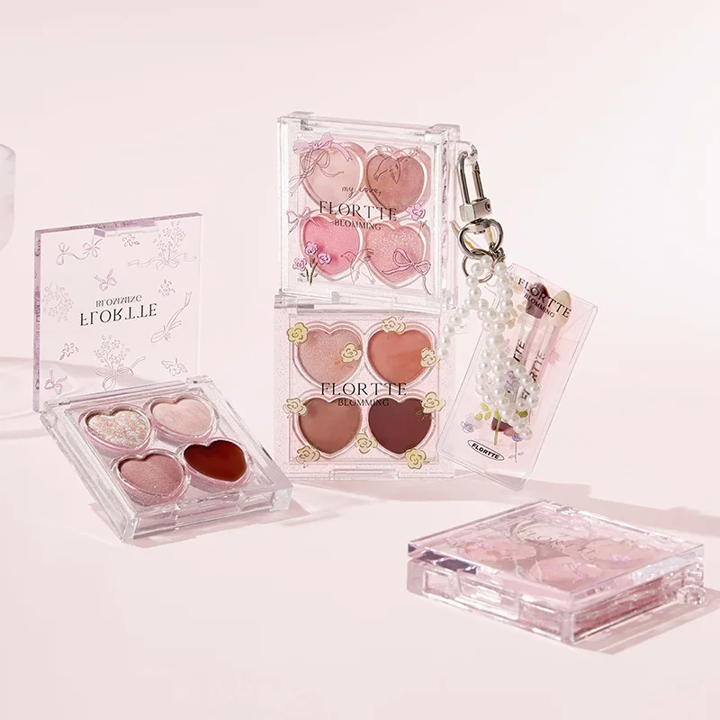 FLORTTE Oogschaduw 4-kleuren Matte Fijne Shimmer Multifunctioneel Draagbaar Palet Hoogtepunt Blusher Glitter Glanzend Gezicht Fleuren Make-up