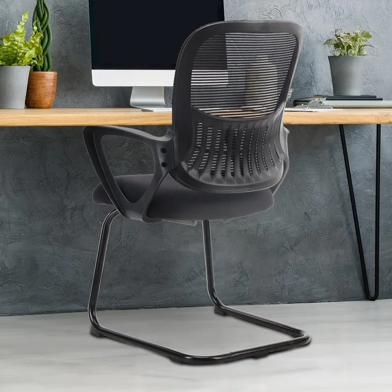 Home Office Desk Chair No Wheels Set of 4, Ergonomic Executive Sled Base Mesh Computer Chairs with Comfy Arms and Lumbar