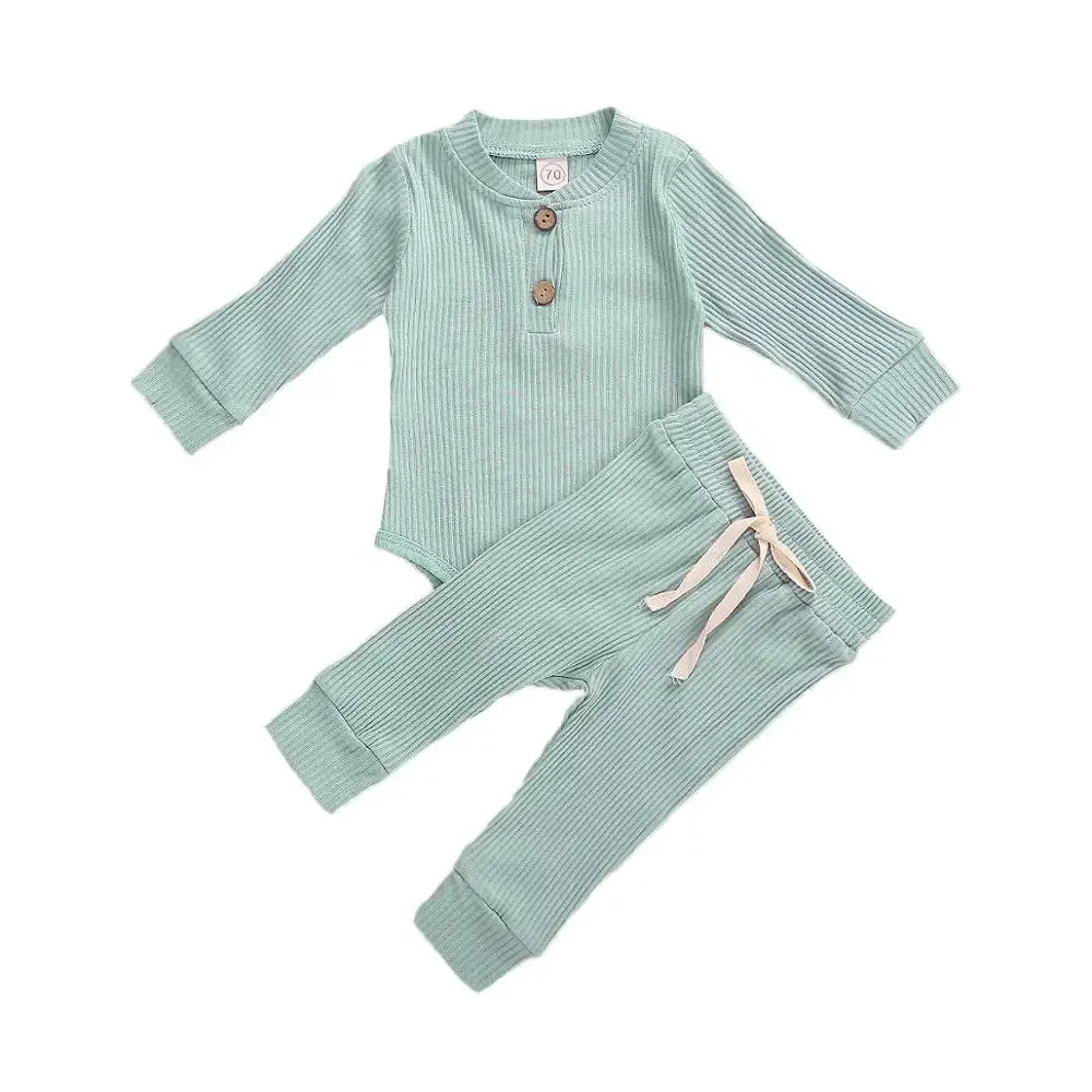 Infant Neugeborenes Baby Mädchen Junge Frühling Herbst Gerippte/Karierte Feste Kleidung Sets Langarm Bodys + Elastische Hosen 2PCs Outfits