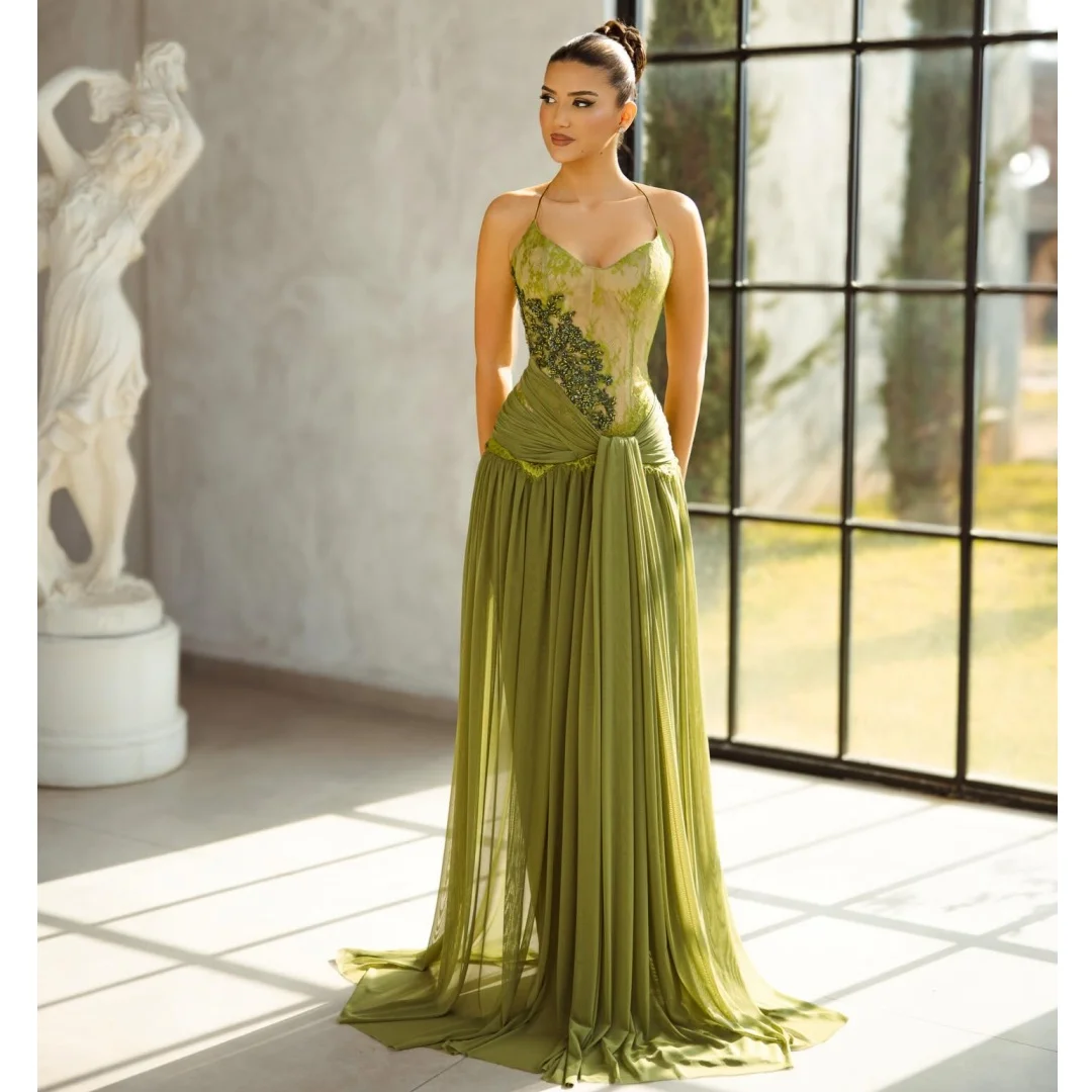 

Exquisite Green Evening Dresses Halter Neck Lace Bodice Prom Dress Chic Chiffon Flowy Party Gown Gala Vestidos Customized