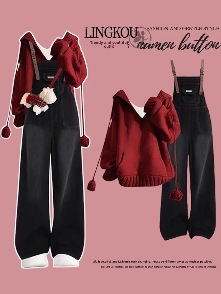 Sweet Sle Age-Defng Strickpullover und lockere Jeans-Overalls, zweiteiliges Set für Damen, Herbstsaison, Freizeitkleidung