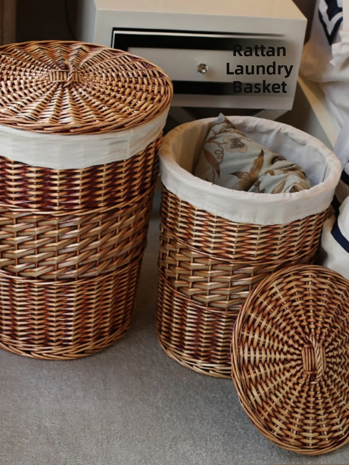 

Home Use Wier oe Cover Laundry Basket Batoom round Storage Box Dir Clothes Basket with Lid Rustic Sle Handmade Crt