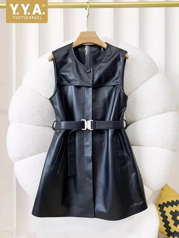 Jesienna Nowa Damska Sukienka Bez Rękawów z Naturalnej Skóry Owczej z Okrągłym Dekoltem, Sukienka na Ramiączkach z Paskiem w Talii, Luźny Krój, Styl Punkowy, Sukienki Codzienne