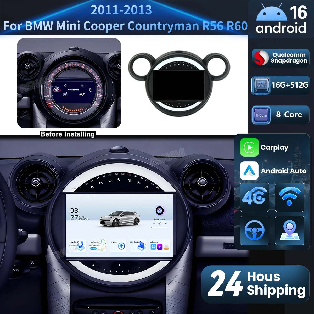 Radio multimedia para coche Android 16 Carplay Auto Qualcomm para BMW Mini Cooper Countryman R56 R60 2011-2013 con navegación estéreo
