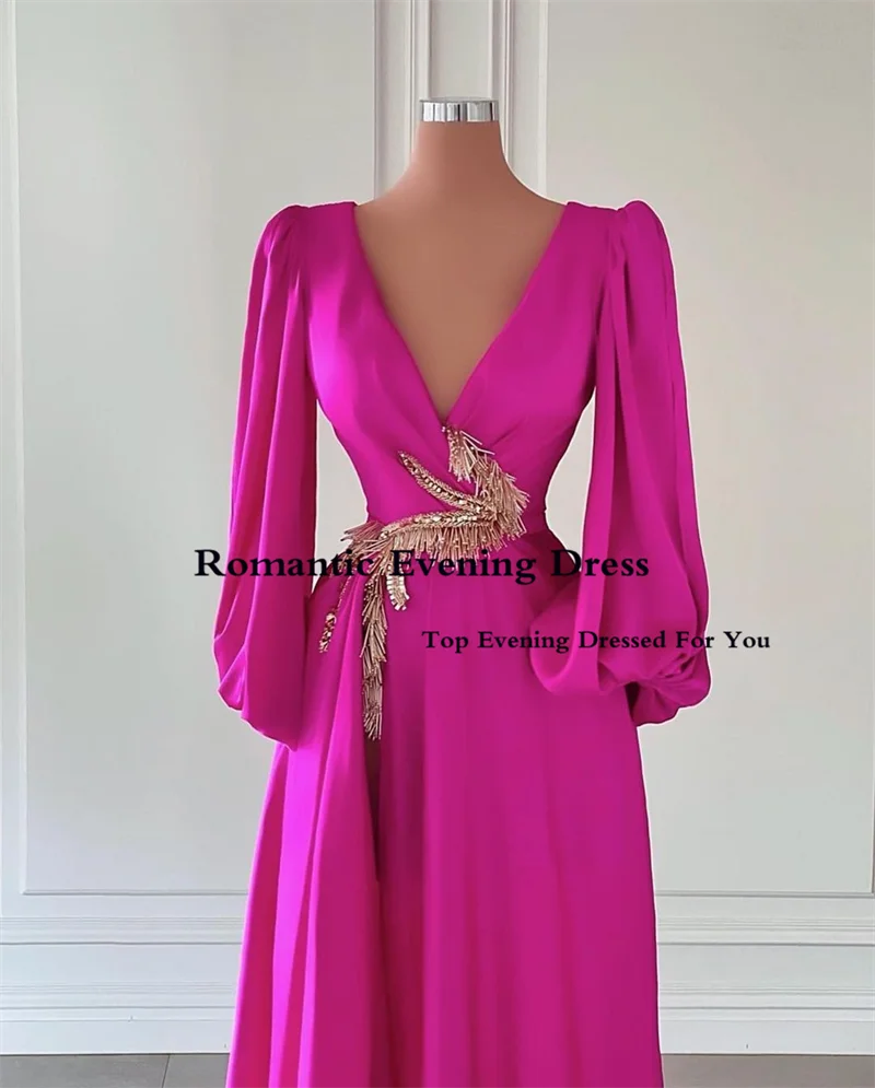 Romantic Prom Gowns 2022 A Line V Neck Fulle Sleeves Sequin Belt Evening Dress Floor Length Saudi Arabic Formal Reception 2022