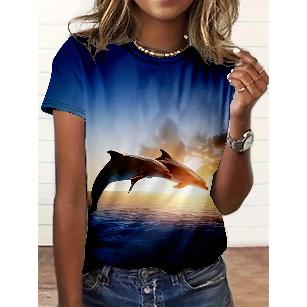 Spring/Summer Daily Casual Short Sleeved Top Personalized Dolphin Print O-neck T-shirt High Quality Comfortable Women\'s Wear