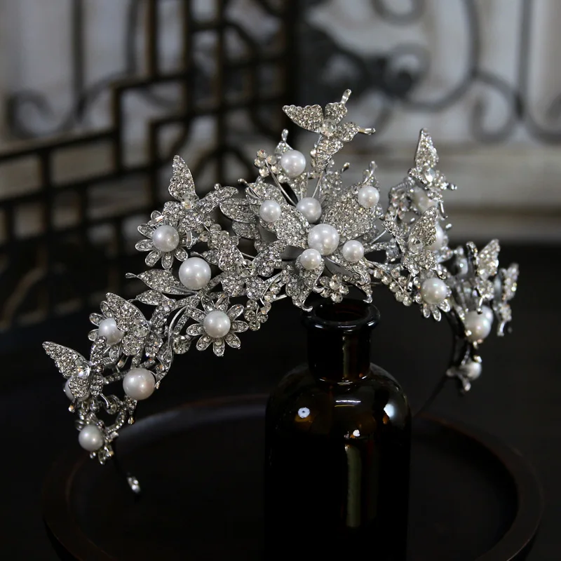 Luxury Pearl Crown Headpiece for Bride Wedding Spring Butterfly Hair Accessory Tiara for Women Girls Party