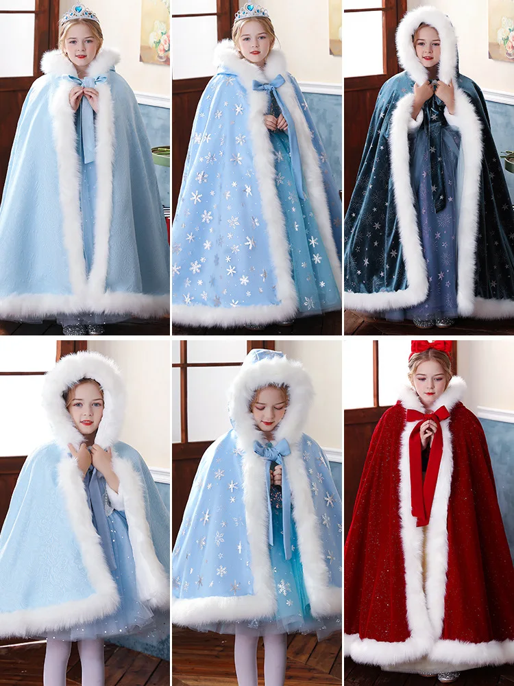 Frozen Princess Elsa'S Cloak Style Children'S Windproof Shawl  Autumn And Winter With Thick Velvet Insulation Jacket Full Dress