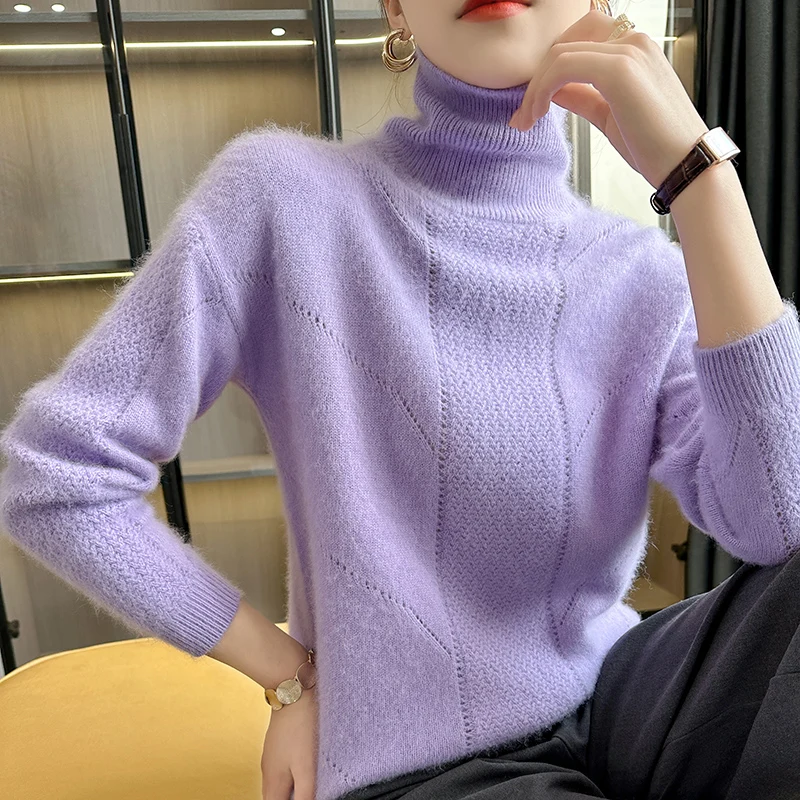 Fall/Winter Thick 100%Pure Mink Cashmere Sweater Women High Lapel Knit Pullover Wild Warm Solid Color Shirt Fashion Korean Tops