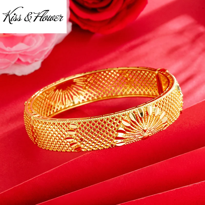 

KISS&FLOWER 24KT Gold Peacock Bracelet For Women Vintage Hollow Bangle Fine Jewelry Wedding Party Bride Mother Ladies Gift BR316